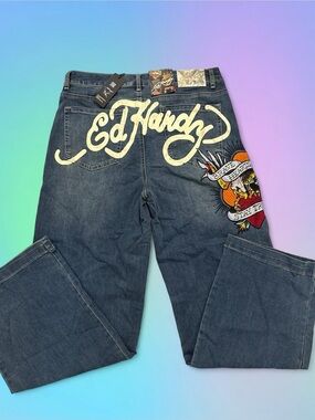 Y2K Ed Hardy Wide Leg Jeans with Embroidery and White Design